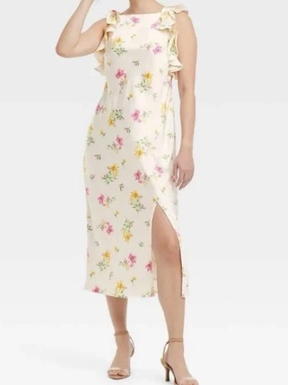 NWT Sz M A New Day Women's Ruffle Sleeve Satin Maxi Dress Cream Floral Wedding